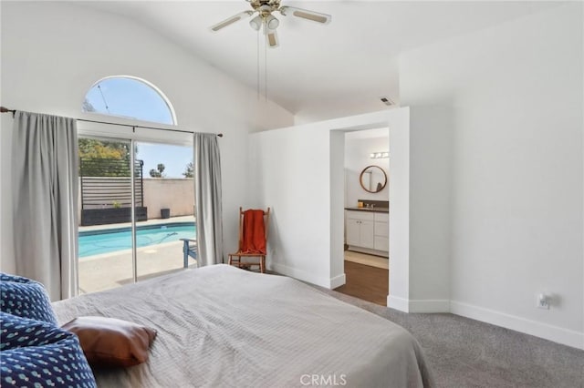 bedroom featuring access to outside, ensuite bath, carpet floors, baseboards, and lofted ceiling
