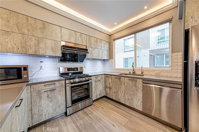 kitchen featuring light wood finished floors, range hood, stainless steel appliances, a sink, and tasteful backsplash