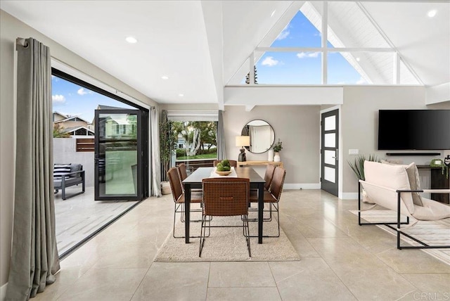 491 Prospect St, Newport Beach, CA 92663 - dining room with recessed lighting, high vaulted ceiling, and tile patterned flooring
