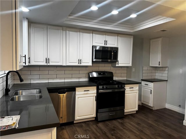 1912 W Quartermaster St, Colton, CA 92324 - kitchen featuring appliances with stainless steel finishes, a tray ceiling, crown molding, dark wood-style flooring, and dark countertops