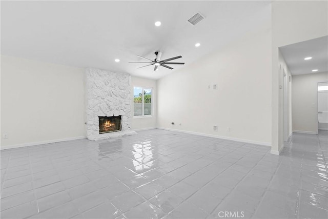 67305 Verona Rd, Cathedral City, CA 92234 - unfurnished living room with a ceiling fan, recessed lighting, a fireplace, tile patterned flooring, and baseboards