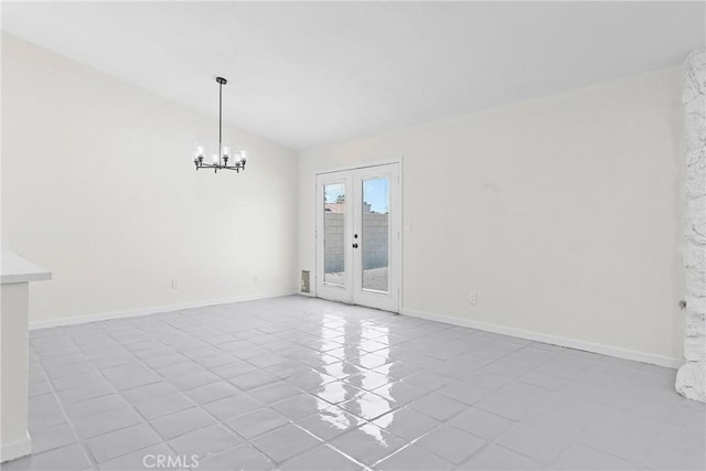 67305 Verona Rd, Cathedral City, CA 92234 - unfurnished room with a chandelier, tile patterned flooring, french doors, baseboards, and lofted ceiling