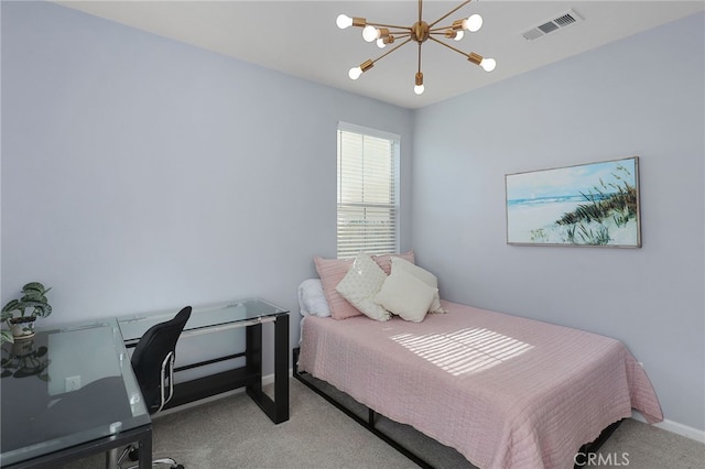 bedroom with a chandelier, visible vents, carpet flooring, and baseboards