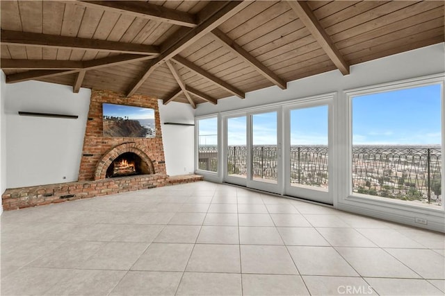 4101 Paseo De Las Tortugas, Torrance, CA 90505 - unfurnished living room with tile patterned floors, wood ceiling, and a fireplace
