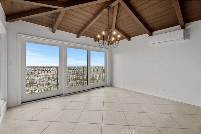 4101 Paseo De Las Tortugas, Torrance, CA 90505 - tiled spare room with a wall mounted air conditioner, wooden ceiling, a chandelier, and baseboards