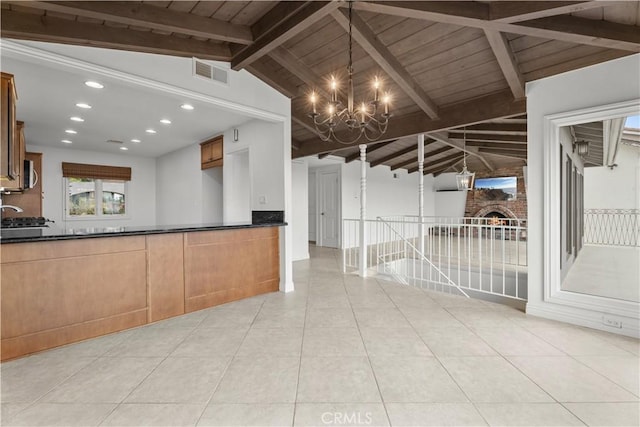 4101 Paseo De Las Tortugas, Torrance, CA 90505 - kitchen featuring a chandelier, dark countertops, recessed lighting, wood ceiling, and light tile patterned floors