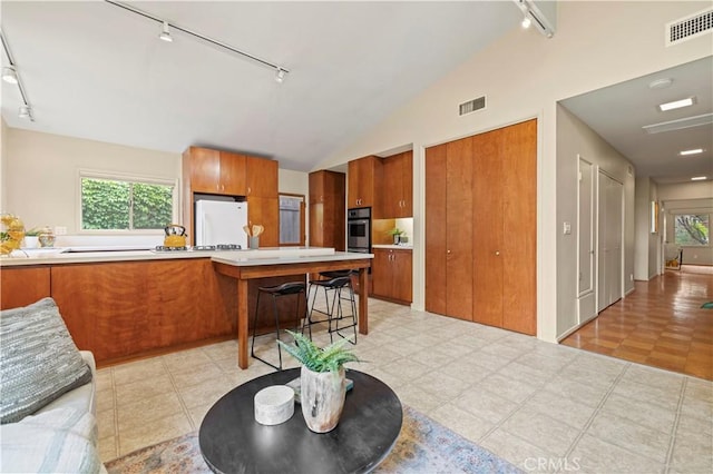 527 Bradford St, Pasadena, CA 91105 - kitchen featuring track lighting, brown cabinetry, stainless steel appliances, and visible vents