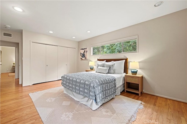 527 Bradford St, Pasadena, CA 91105 - bedroom with light wood finished floors, recessed lighting, baseboards, visible vents, and a closet