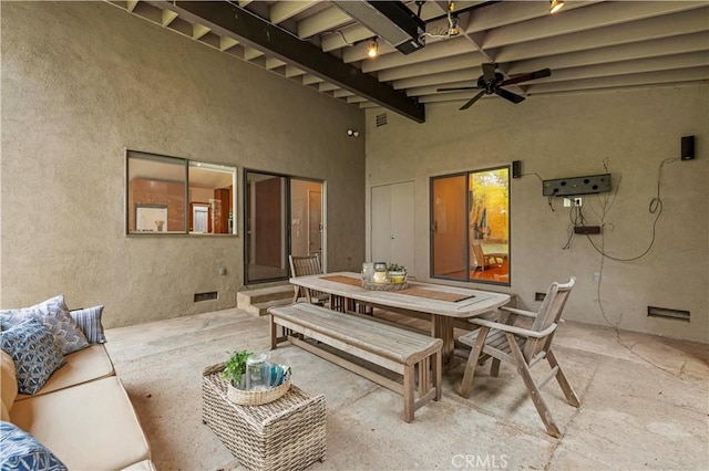 527 Bradford St, Pasadena, CA 91105 - view of patio / terrace with an outdoor living space, a ceiling fan, visible vents, and outdoor dining space