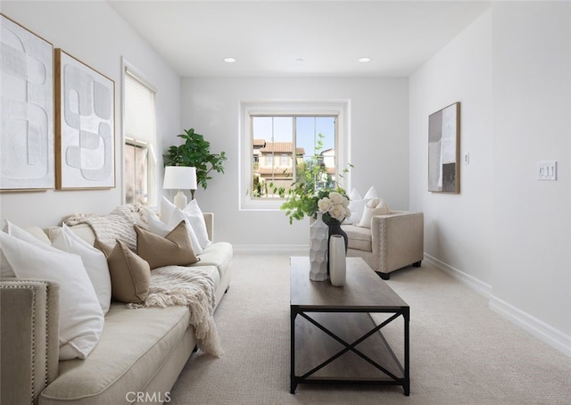 26 Via Fontibre, San Clemente, CA 92673 - living area featuring light carpet, baseboards, and recessed lighting