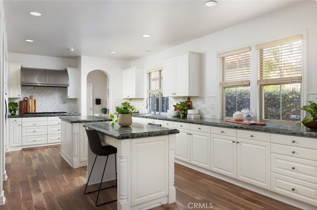 26 Via Fontibre, San Clemente, CA 92673 - kitchen with a kitchen island, backsplash, arched walkways, white cabinetry, and dark wood-style floors