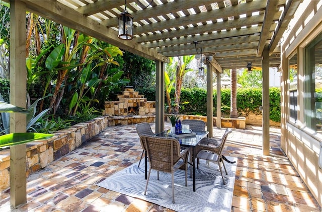 26 Via Fontibre, San Clemente, CA 92673 - view of patio with an outdoor stone fireplace, a pergola, and outdoor dining space