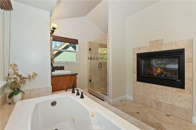 455 Clearwater Ln, Lake Arrowhead, CA 92352 - bathroom featuring a stall shower, a whirlpool tub, tile patterned flooring, vaulted ceiling, and vanity