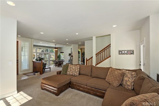 455 Clearwater Ln, Lake Arrowhead, CA 92352 - carpeted living room featuring recessed lighting and stairway