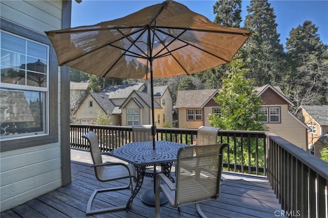 455 Clearwater Ln, Lake Arrowhead, CA 92352 - wooden terrace featuring outdoor dining area and a residential view