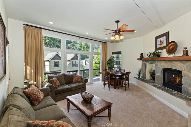 455 Clearwater Ln, Lake Arrowhead, CA 92352 - living area featuring carpet flooring, a fireplace, ceiling fan, and recessed lighting