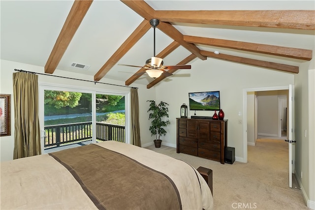 bedroom with access to outside, vaulted ceiling with beams, visible vents, light carpet, and baseboards