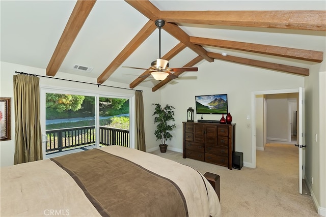 455 Clearwater Ln, Lake Arrowhead, CA 92352 - bedroom featuring access to outside, light carpet, and a ceiling fan