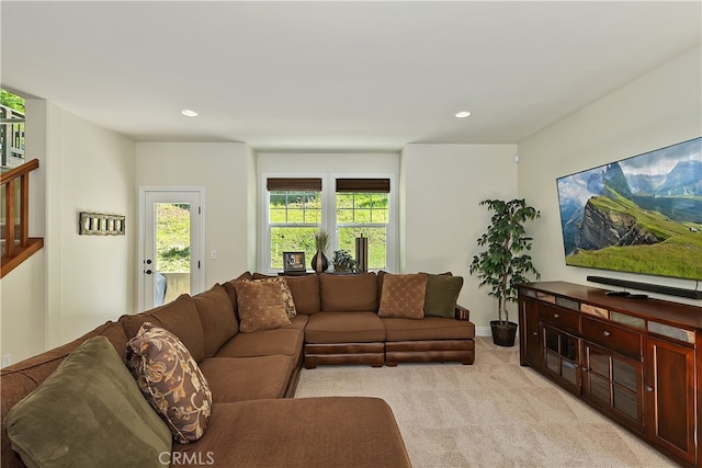 455 Clearwater Ln, Lake Arrowhead, CA 92352 - living room with light colored carpet, stairway, and recessed lighting