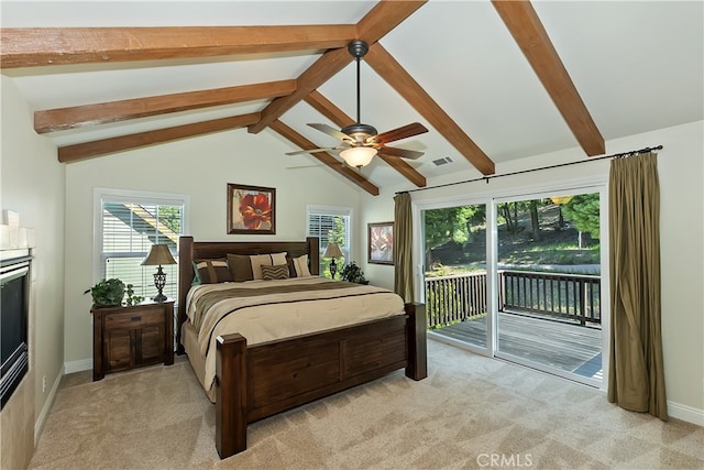 455 Clearwater Ln, Lake Arrowhead, CA 92352 - bedroom with access to exterior, light carpet, and ceiling fan