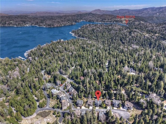 bird's eye view with a water and mountain view and a forest view