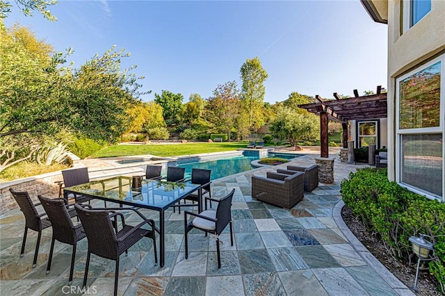 view of patio / terrace with outdoor dining space, an outdoor pool, and a pergola
