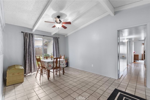 3406 Elm St, Bakersfield, CA 93301 - dining room featuring light tile patterned floors, a textured ceiling, ceiling fan, and lofted ceiling with beams