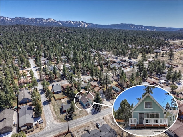 drone / aerial view with a wooded view and a mountain view