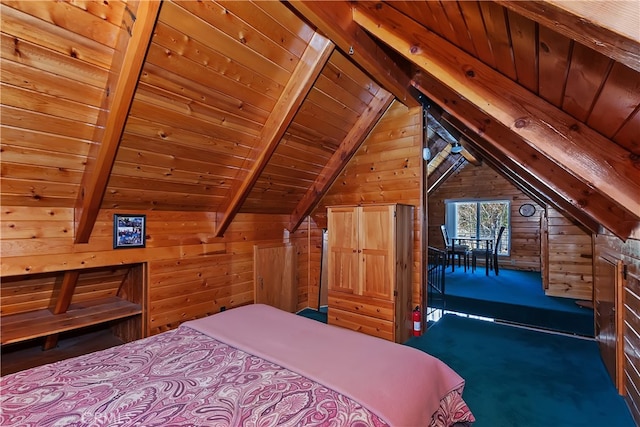 bedroom featuring wooden walls, lofted ceiling with beams, and wooden ceiling