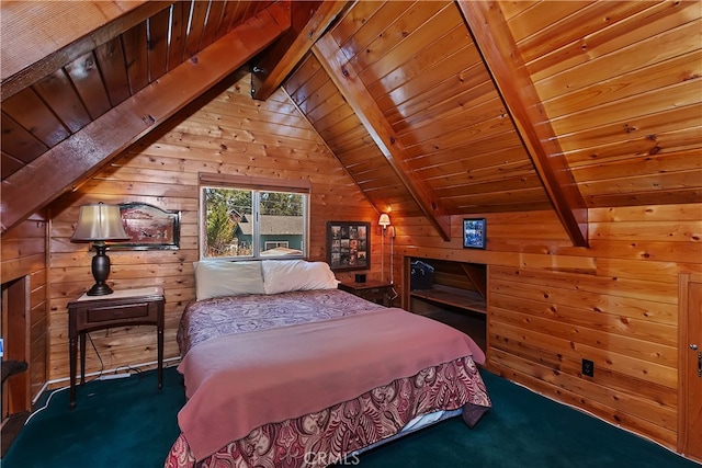 bedroom featuring wood ceiling, wooden walls, lofted ceiling with beams, and carpet floors