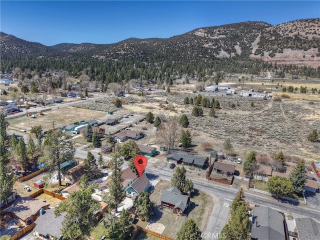 drone / aerial view featuring a mountain view