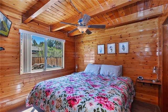 bedroom with wooden walls, beam ceiling, and wood ceiling