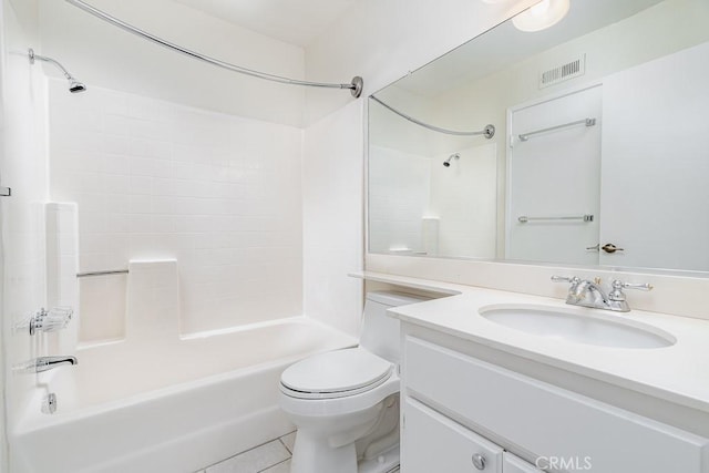 full bath with washtub / shower combination, vanity, tile patterned floors, toilet, and visible vents