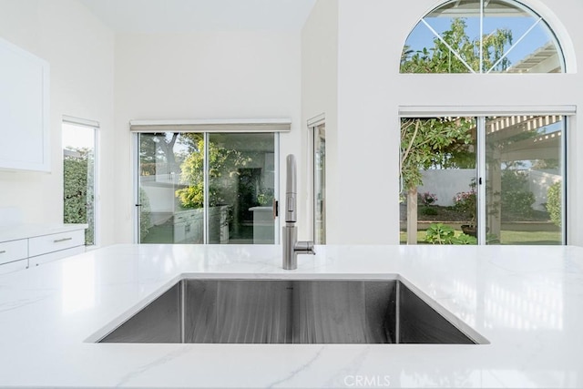 interior details featuring a sink and light stone counters