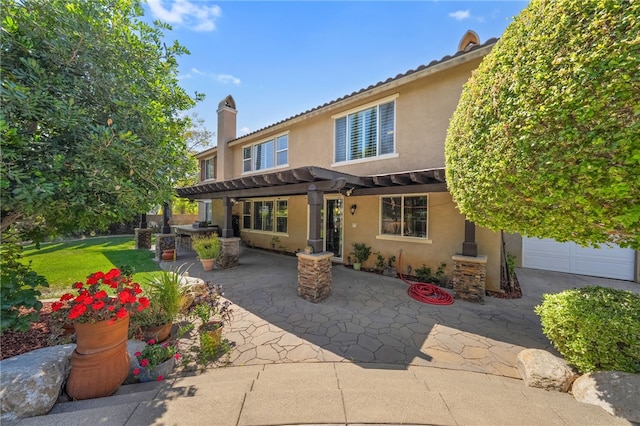33931 Baystone St, Temecula, CA 92592 - rear view of property with a pergola, stucco siding, a patio area, and a chimney
