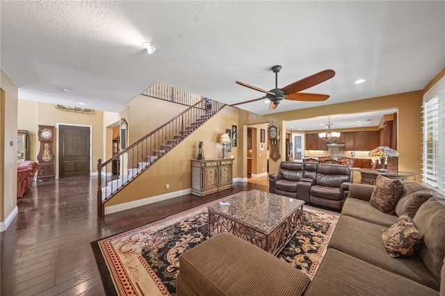 33931 Baystone St, Temecula, CA 92592 - living room with a ceiling fan, stairway, dark wood finished floors, baseboards, and recessed lighting