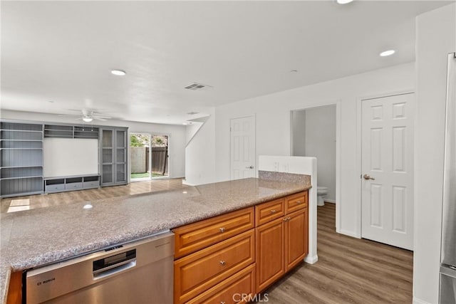 26145 Gravett Pl, Saugus, CA 91350 - kitchen with recessed lighting, ceiling fan, visible vents, light wood-style flooring, and stainless steel dishwasher
