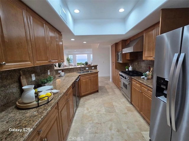 412 Arenoso Ln Unit 102, San Clemente, CA 92672 - kitchen with stainless steel appliances, a sink, wall chimney exhaust hood, a tray ceiling, and dark stone countertops