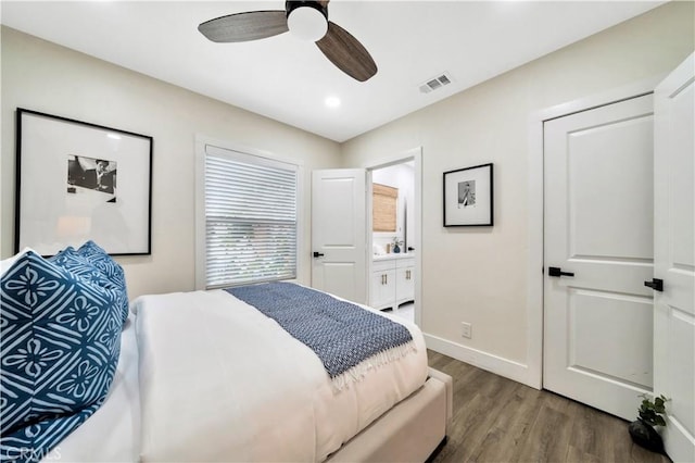 bedroom featuring a ceiling fan, baseboards, recessed lighting, wood finished floors, and visible vents
