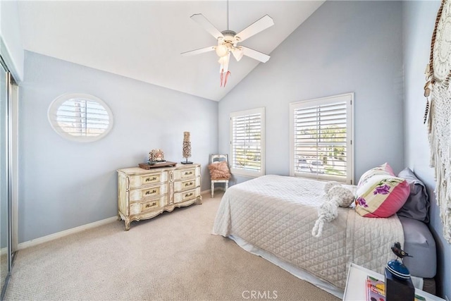 2009 Via Aguila, San Clemente, CA 92673 - bedroom featuring high vaulted ceiling, light carpet, a closet, and a ceiling fan