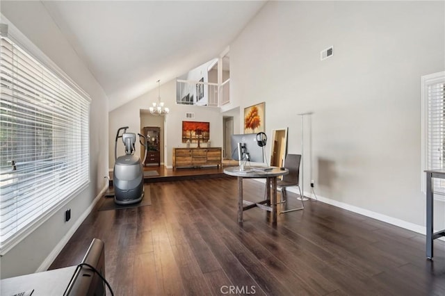 10313 Christine Pl, Chatsworth, CA 91311 - living area with a chandelier, wood finished floors, baseboards, and high vaulted ceiling