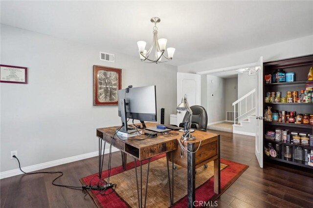 10313 Christine Pl, Chatsworth, CA 91311 - office area with a chandelier, wood finished floors, and baseboards