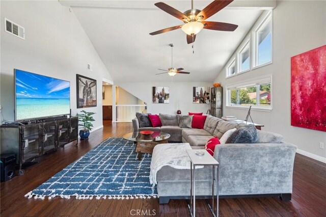10313 Christine Pl, Chatsworth, CA 91311 - living room with a ceiling fan, high vaulted ceiling, wood finished floors, and baseboards