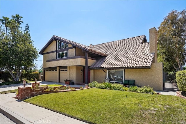 10313 Christine Pl, Chatsworth, CA 91311 - view of front of property featuring concrete driveway, stucco siding, a garage, a chimney, and a tiled roof