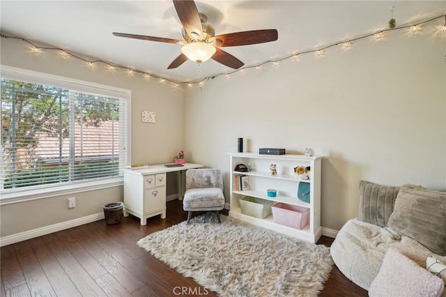 10313 Christine Pl, Chatsworth, CA 91311 - living area featuring baseboards, a ceiling fan, and dark wood-type flooring