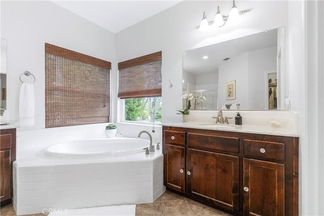 1835 Rancho Lomas Way, San Miguel, CA 93451 - bathroom featuring a stall shower, vanity, a garden tub, and tile patterned floors