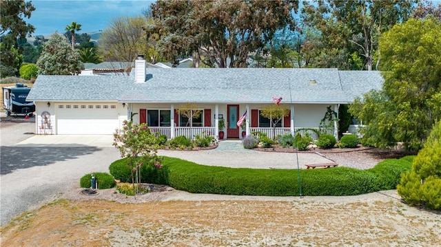 1835 Rancho Lomas Way, San Miguel, CA 93451 - ranch-style house with a porch, an attached garage, driveway, a chimney, and a shingled roof