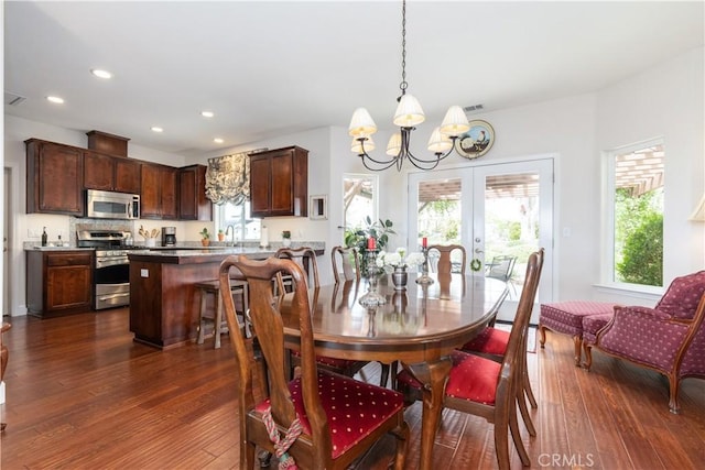 1835 Rancho Lomas Way, San Miguel, CA 93451 - dining area with a chandelier, dark wood-type flooring, recessed lighting, and french doors