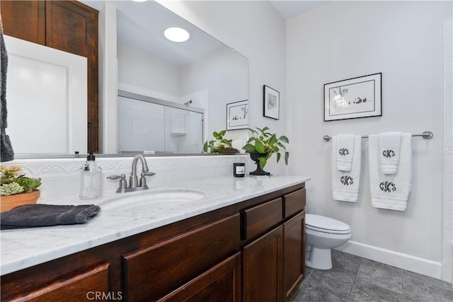 1835 Rancho Lomas Way, San Miguel, CA 93451 - full bath with a stall shower, vanity, toilet, baseboards, and tile patterned flooring
