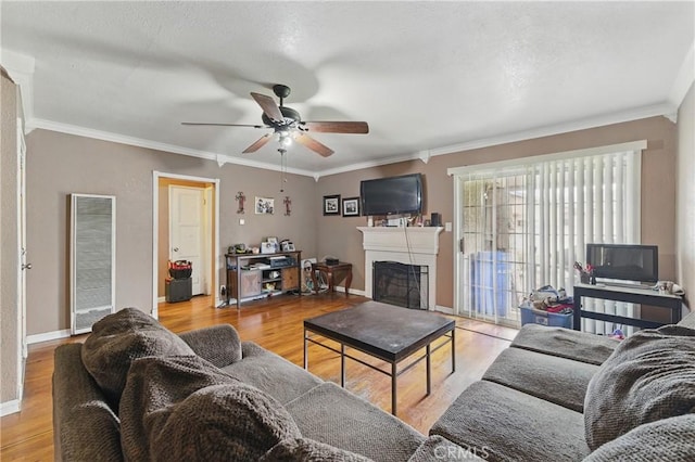 living room with a heating unit, ceiling fan, light wood-style floors, and a fireplace